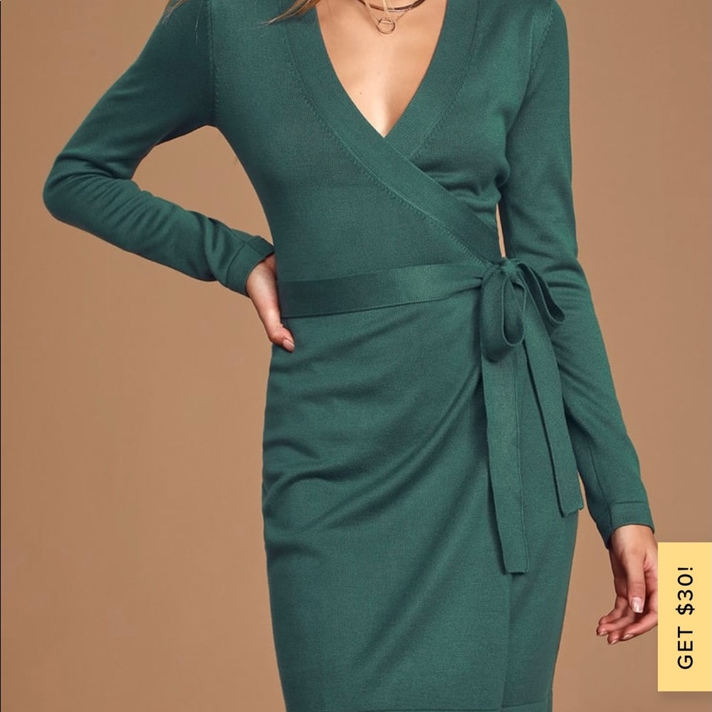 Lulus Forest Green Wrap Sweater Dress NEW